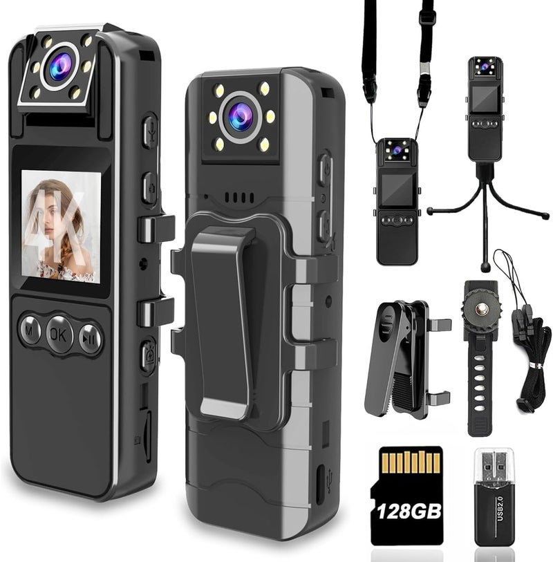 Mingkeda Body Camera with Audio and Video Recording, HD 1080P Body Cam with 180° Rotating Lens, IR Cut Auto Night Vision, 6HR Battery, 128GB Body Worn Camcorder Personal Police (128G HD 1080P) - Image 1